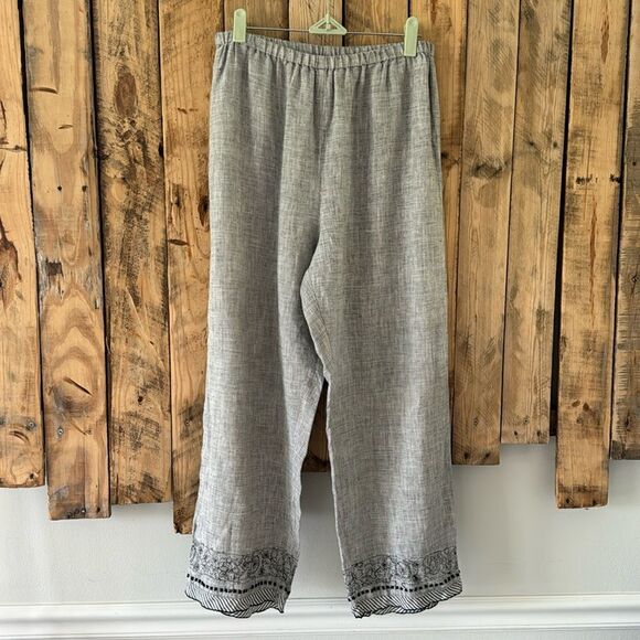 LA Blend Wide Leg Linen Pull On Lagenlook Boho Pants Beaded Sequin Hems Size M - Picture 1 of 14
